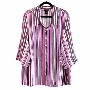 Lane Bryant Plus Size 26/28 Button Up Shirt Purple & White Striped Linen Blend